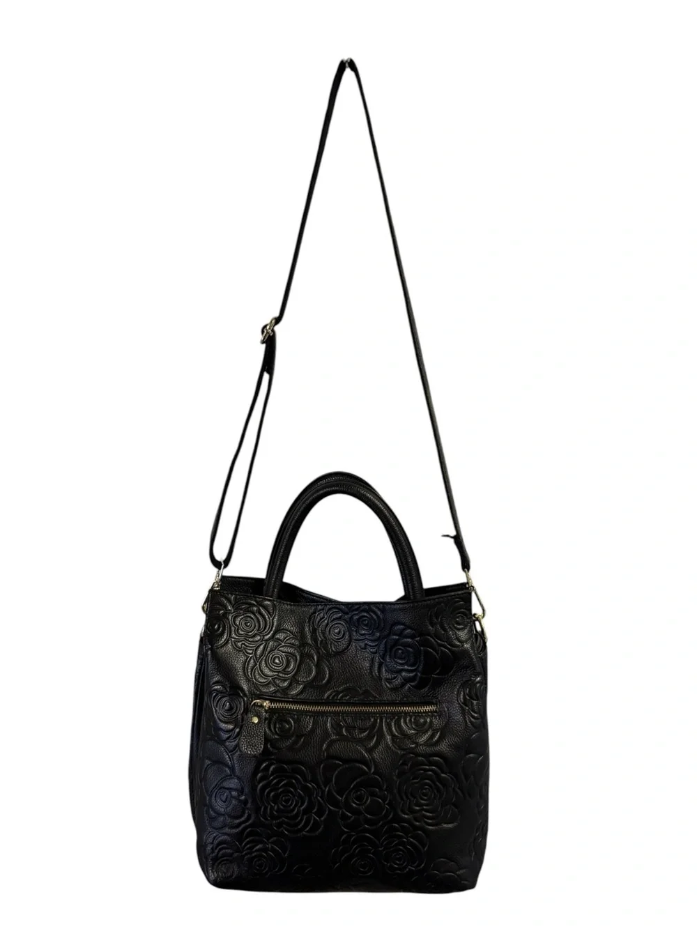Realer Black Embossed Floral Leather Shoulder Bag with Detachable Strap